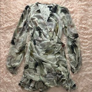 Express Green Floral Long-Sleeve Wrap Dress